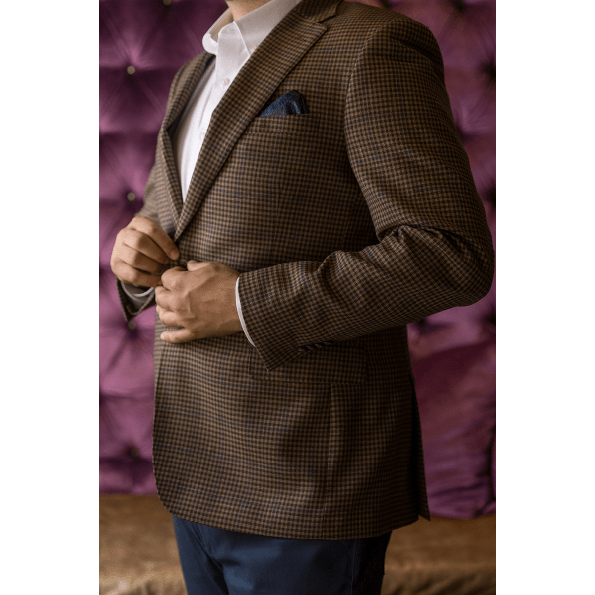 Tan Check with Blue Windowpane Wool Sport Coat