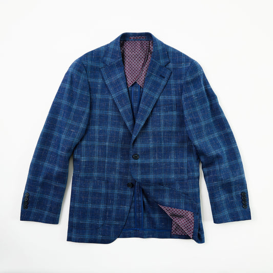 Navy Plaid Wool, Silk & Linen Sport Coat