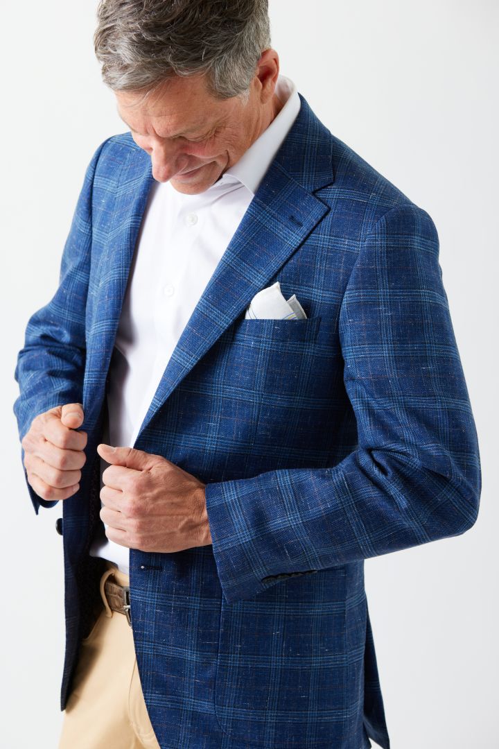 Navy Plaid Wool, Silk & Linen Sport Coat