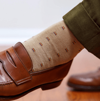 Boardroom Socks - Colorful Square Knots on Khaki Merino Wool Over the Calf