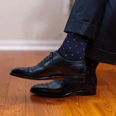 Boardroom Socks - Orange Dots on Navy Merino Wool Over the Calf
