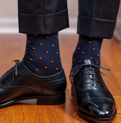 Boardroom Socks - Orange Dots on Navy Merino Wool Over the Calf