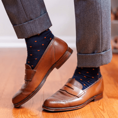 Boardroom Socks - Orange Dots on Navy Merino Wool Over the Calf