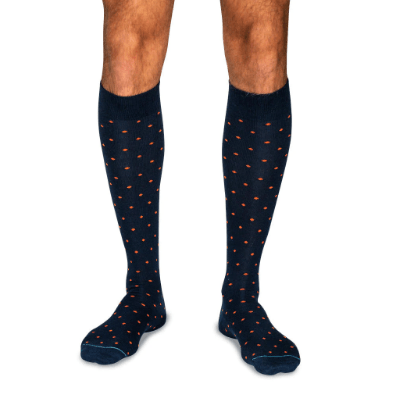 Boardroom Socks - Orange Dots on Navy Merino Wool Over the Calf