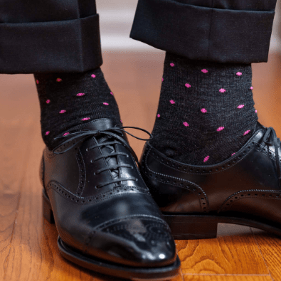 Boardroom Socks - Pink Dots on Charcoal Merino Wool Over the Calf