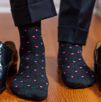 Boardroom Socks - Pink Dots on Charcoal Merino Wool Mid Calf