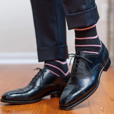 Boardroom Socks - Pink Stripes on Charcoal Merino Wool Mid Calf