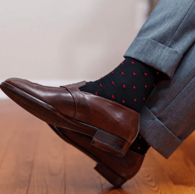Boardroom Socks - Red Dots on Black Merino Wool Over the Calf