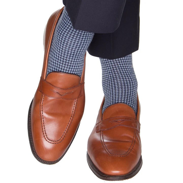 Navy and Sky Houndstooth Wool Socks