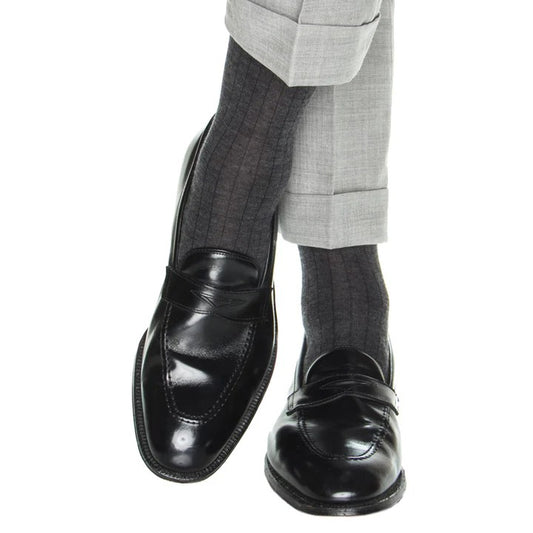 Charcoal Solid Wide Ribbed Cashmere Wool Blend Sock
