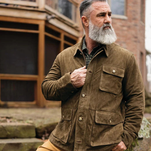 Martin Dingman Greystone Lightweight Goat Suede Safari Jacket in Olive