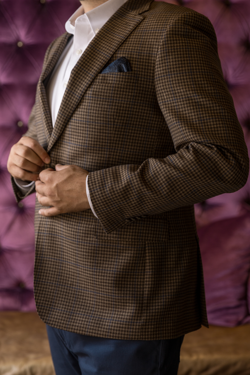 Tan Check Blue Windowpane Wool Sport Coat