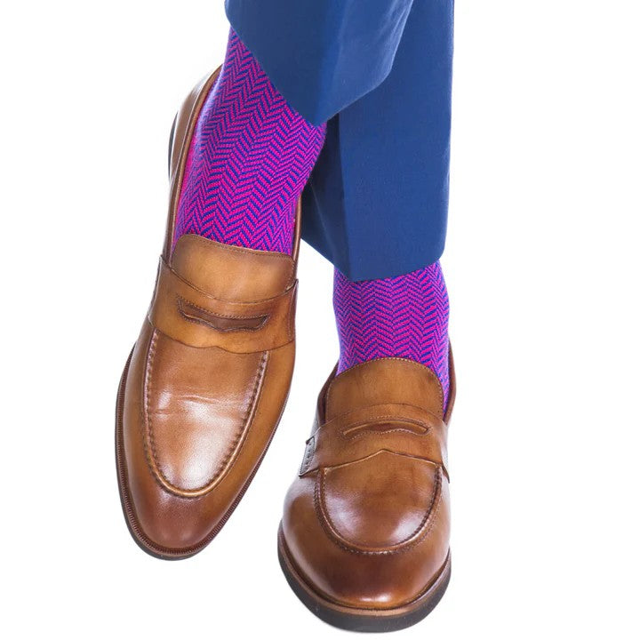 Magenta and Cobalt Blue Herringbone Merino Wool Sock
