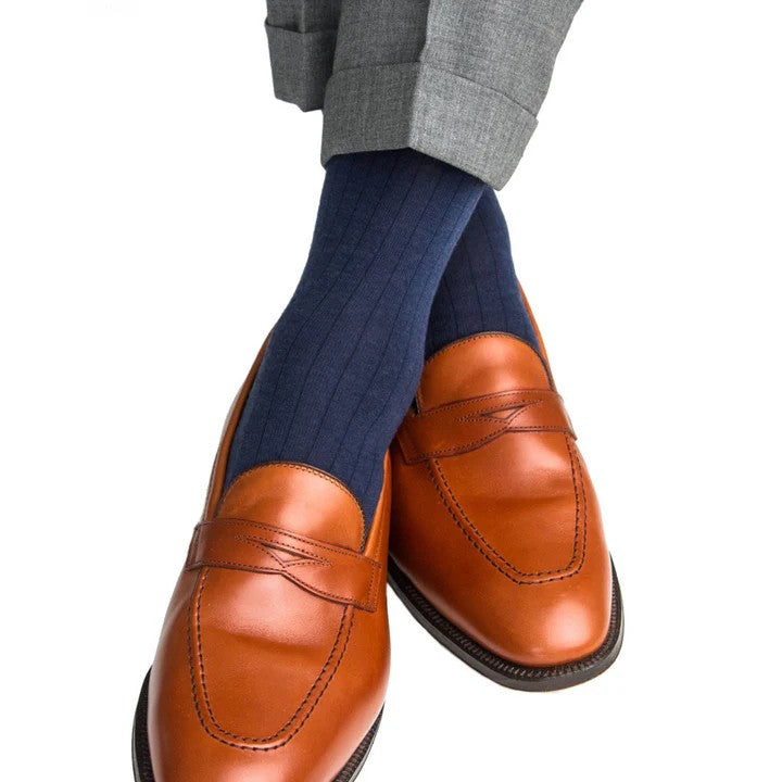Navy Solid Ribbed Merino Wool Sock