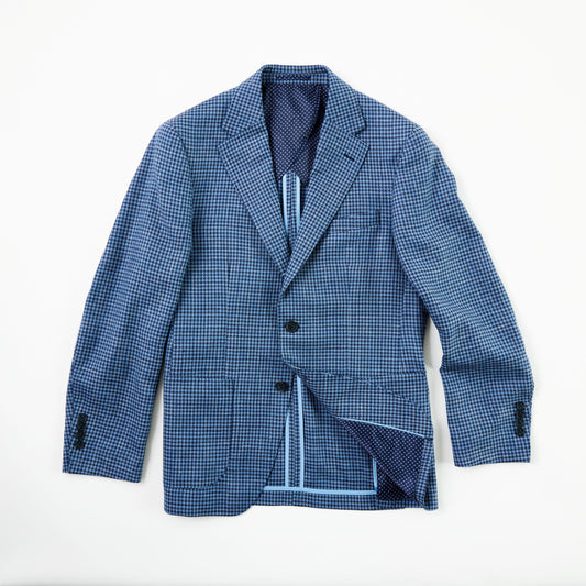 Blue Houndstooth Wool, Silk & Linen Sport Coat