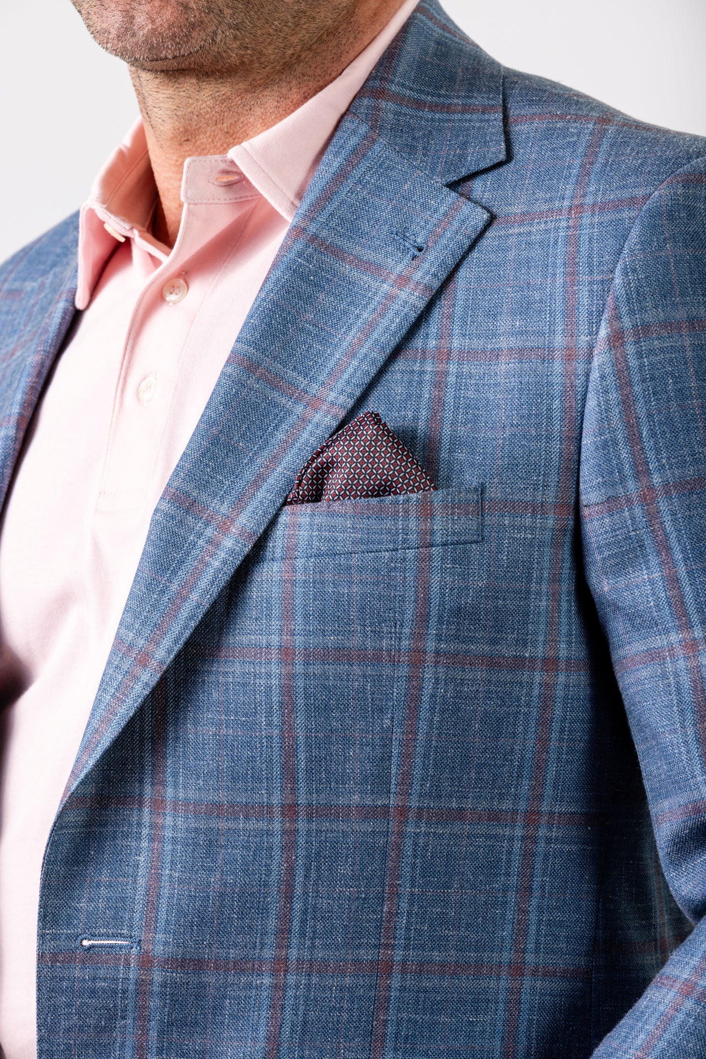 Blue Pink Windowpane Wool-Silk-Linen Sport Coat