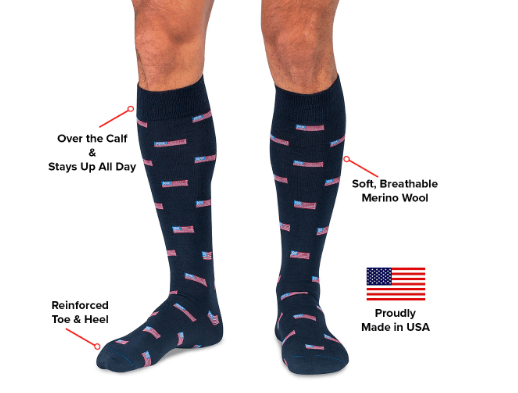 Boardroom Socks - American Flag Dark Navy Merino Wool Over the Calf