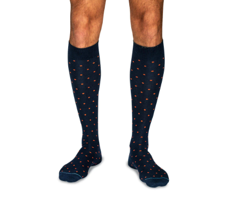 Boardroom Socks - Orange Dots on Navy Merino Wool Over the Calf