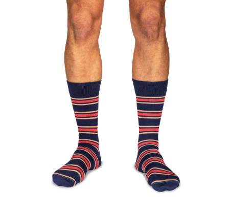 Boardroom Socks - Peach and Tomato Stripes on Navy Cotton Mid Calf Dress Socks