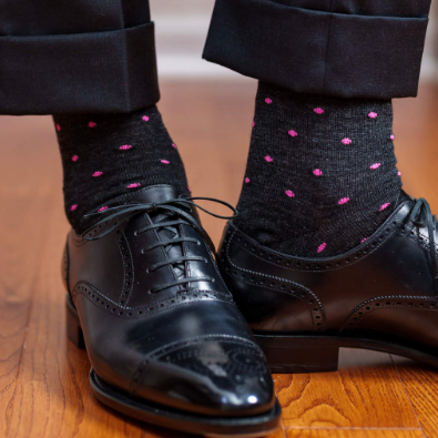 Boardroom Socks - Pink Dots on Charcoal Merino Wool Over the Calf