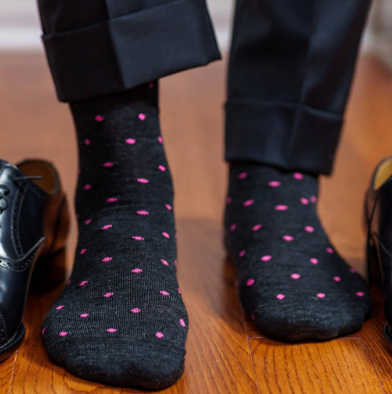 Boardroom Socks - Pink Dots on Charcoal Merino Wool Over the Calf