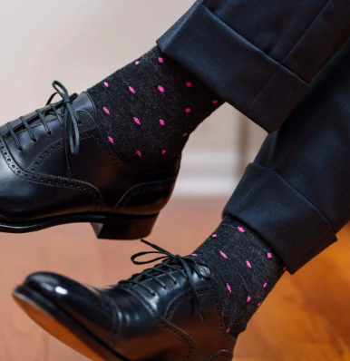 Boardroom Socks - Pink Dots on Charcoal Merino Wool Over the Calf