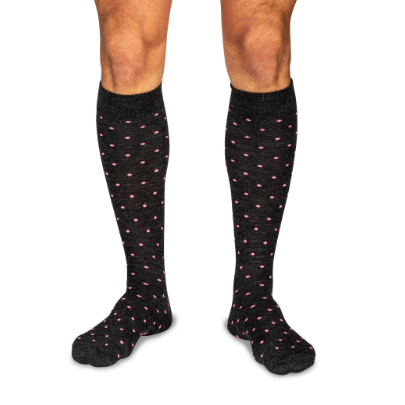 Boardroom Socks - Pink Dots on Charcoal Merino Wool Over the Calf