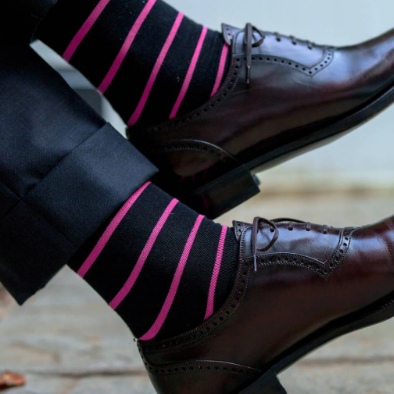 Boardroom Socks - Pink Stripes on Black Cotton Mid Calf Dress Socks