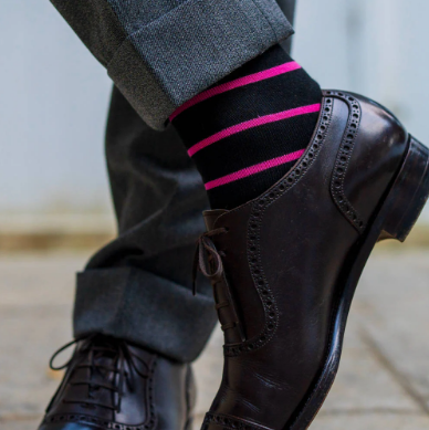 Boardroom Socks - Pink Stripes on Black Cotton Mid Calf Dress Socks