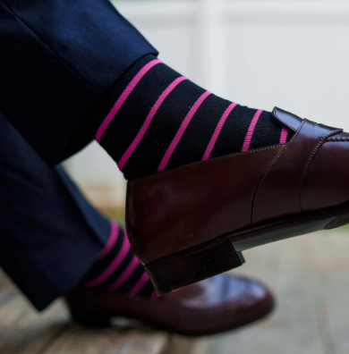 Boardroom Socks - Pink Stripes on Black Cotton Mid Calf Dress Socks