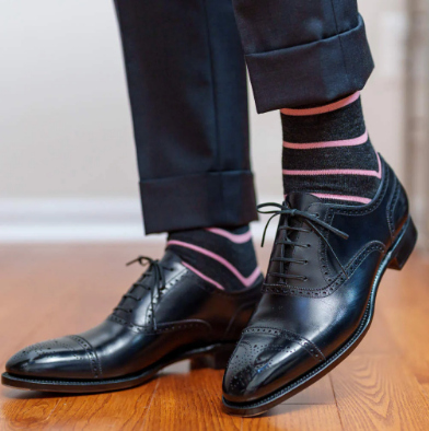 Boardroom Socks - Pink Stripes on Charcoal Merino Wool Over the Calf