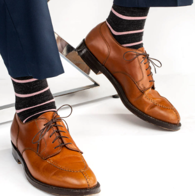 Boardroom Socks - Pink Stripes on Charcoal Merino Wool Mid Calf
