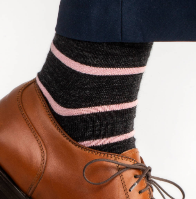 Boardroom Socks - Pink Stripes on Charcoal Merino Wool Mid Calf