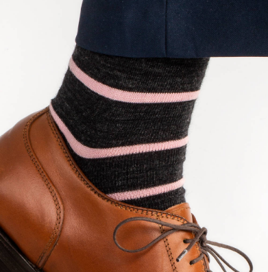 Boardroom Socks - Pink Stripes on Charcoal Merino Wool Over the Calf