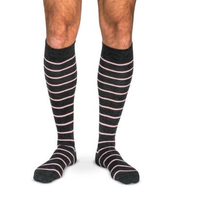 Boardroom Socks - Pink Stripes on Charcoal Merino Wool Over the Calf
