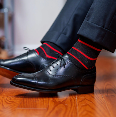 Boardroom Socks - Red and Charcoal Striped Merino Wool Mid Calf