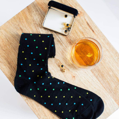 Boardroom Socks - Tri-Color Dots on Black Merino Wool Over the Calf