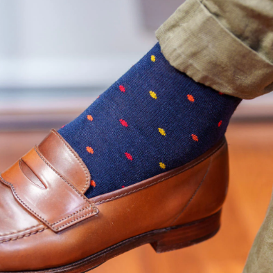 Boardroom Socks - Tri-Color Dots on Navy Merino Wool Over the Calf