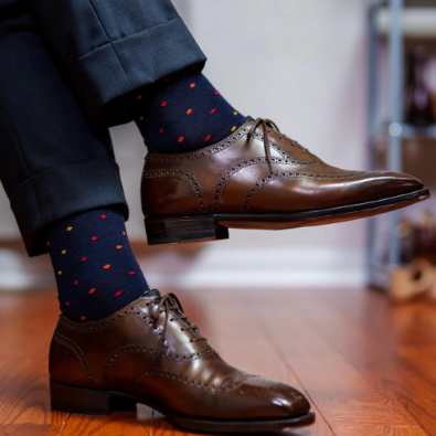 Boardroom Socks - Tri-Color Dots on Navy Merino Wool Over the Calf