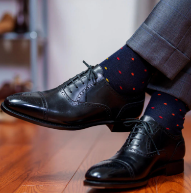 Boardroom Socks - Tri-Color Dots on Navy Merino Wool Over the Calf