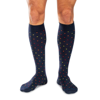 Boardroom Socks - Tri-Color Dots on Navy Merino Wool Over the Calf